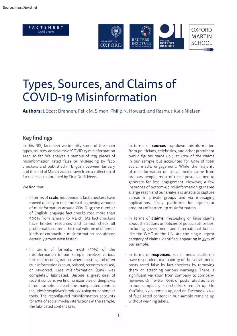Types, Sources, and Claims of COVID-19 Misinformation