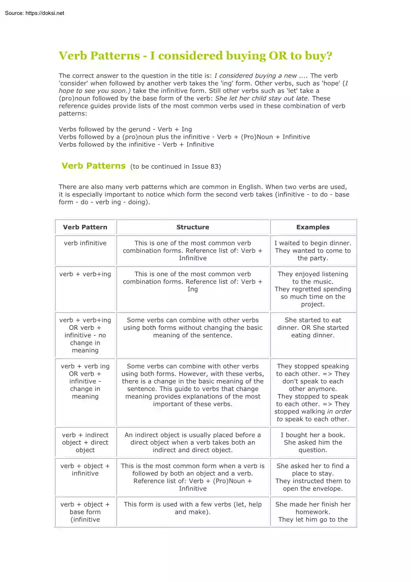 Verb Patterns, I considered buying OR to buy