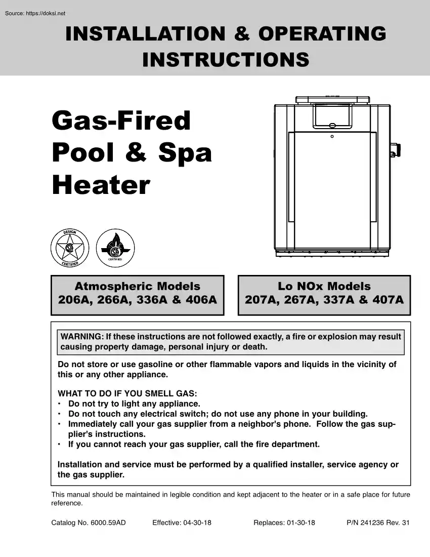 Gas Fired Pool and Spa Heater Installation and Operating Instructions