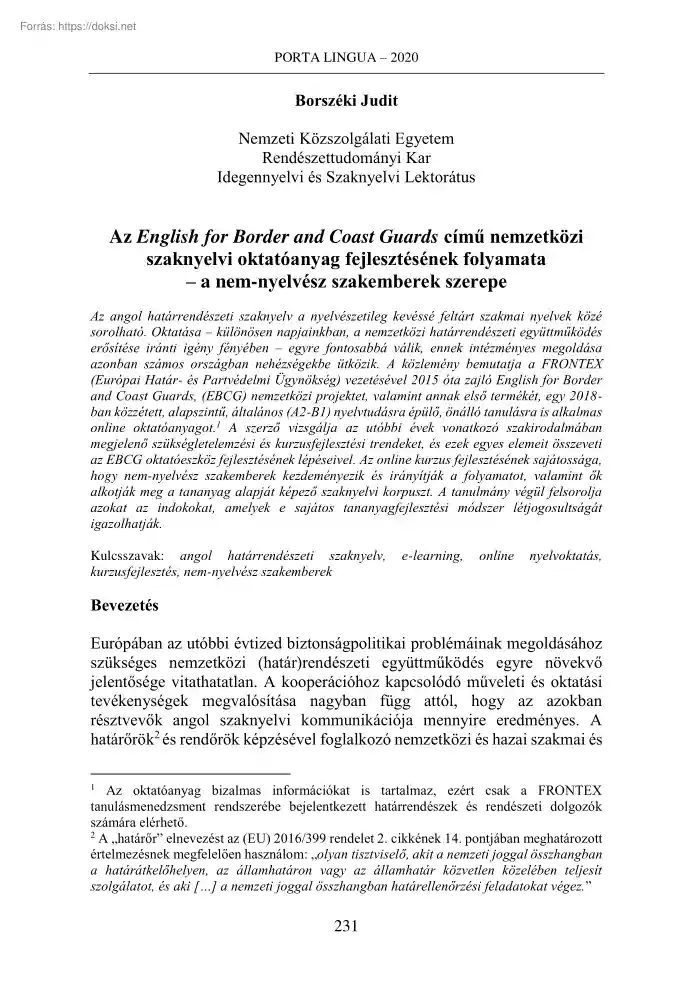 Borszéki Judit - Az English for Border and Coast Guards című nemzetközi szaknyelvi oktatóanyag