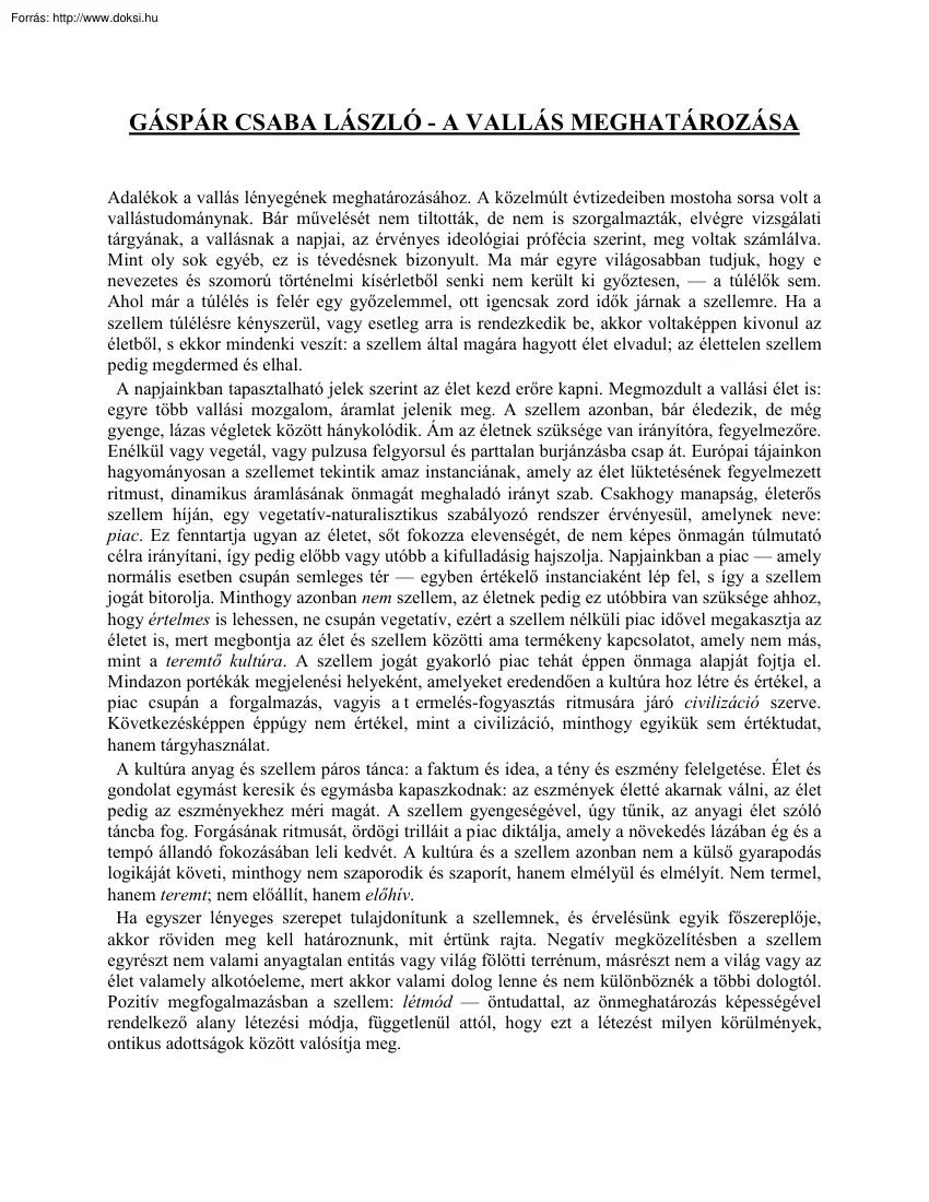 Gáspár Csaba László - A vallás meghatározása