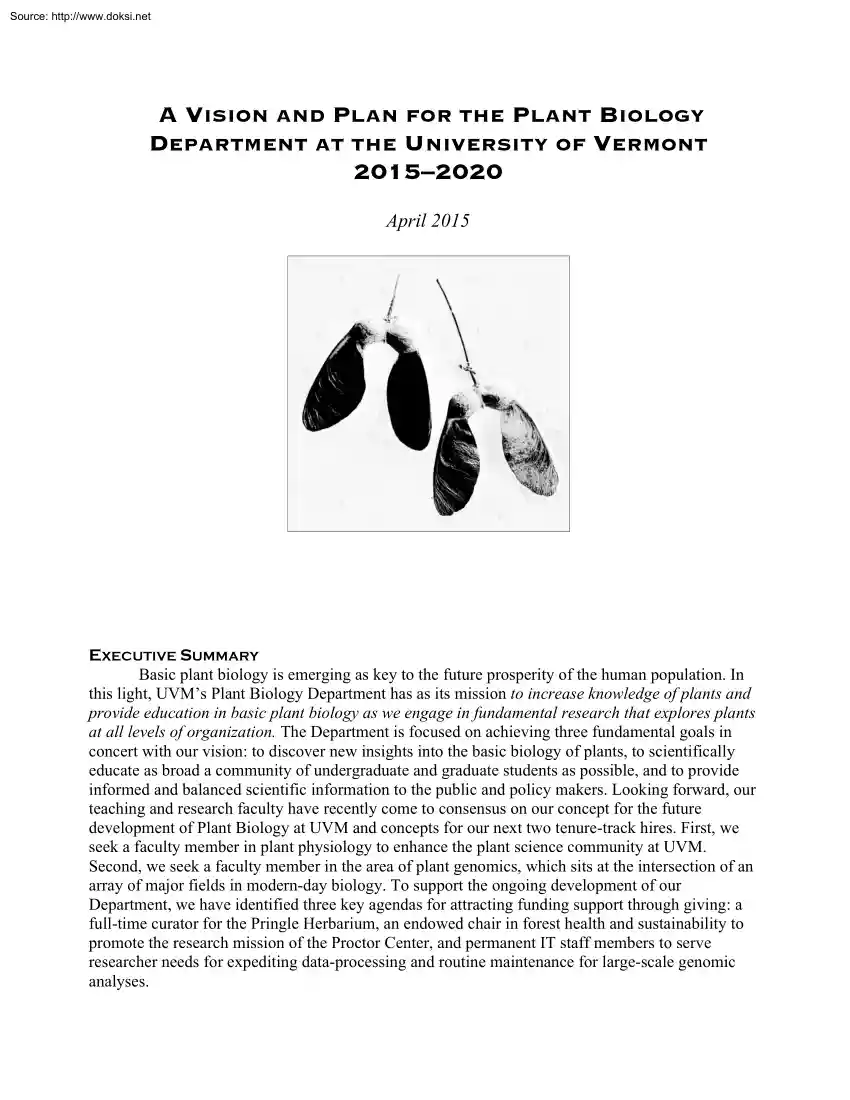 A Vision and Plan for the Plant Biology Department at the University of Vermont 2015-2020