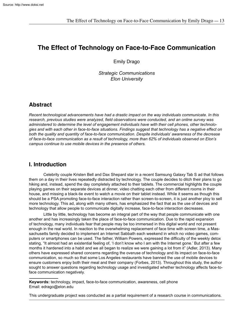 Emily Drago - The Effect of Technology on Face-to-Face Communication