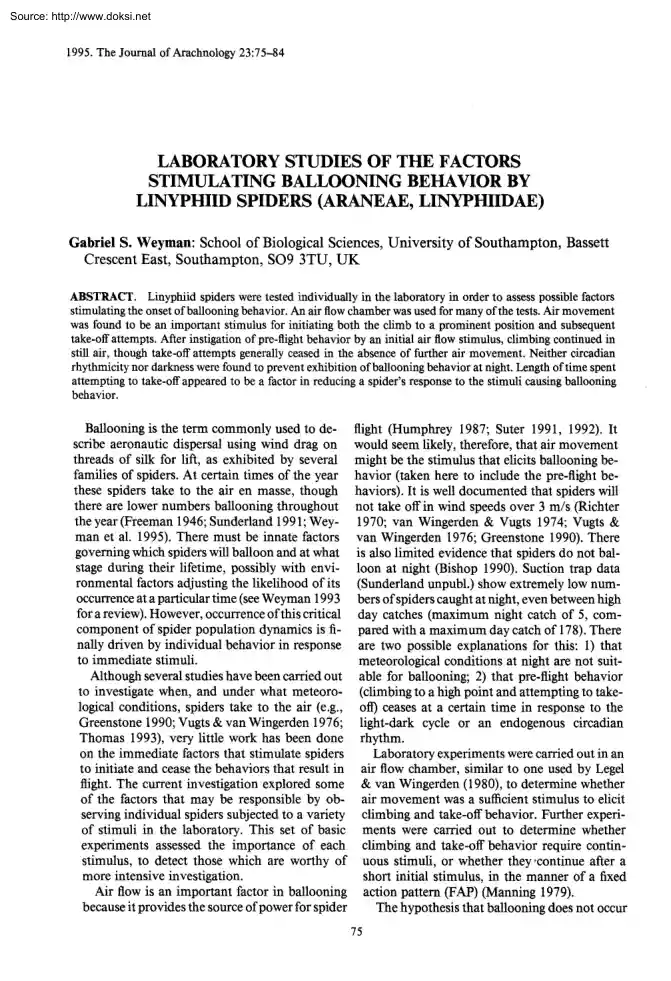 Laboratory Studies of the Factors Stimulating Ballooning Behavior by Linyphiid Spiders