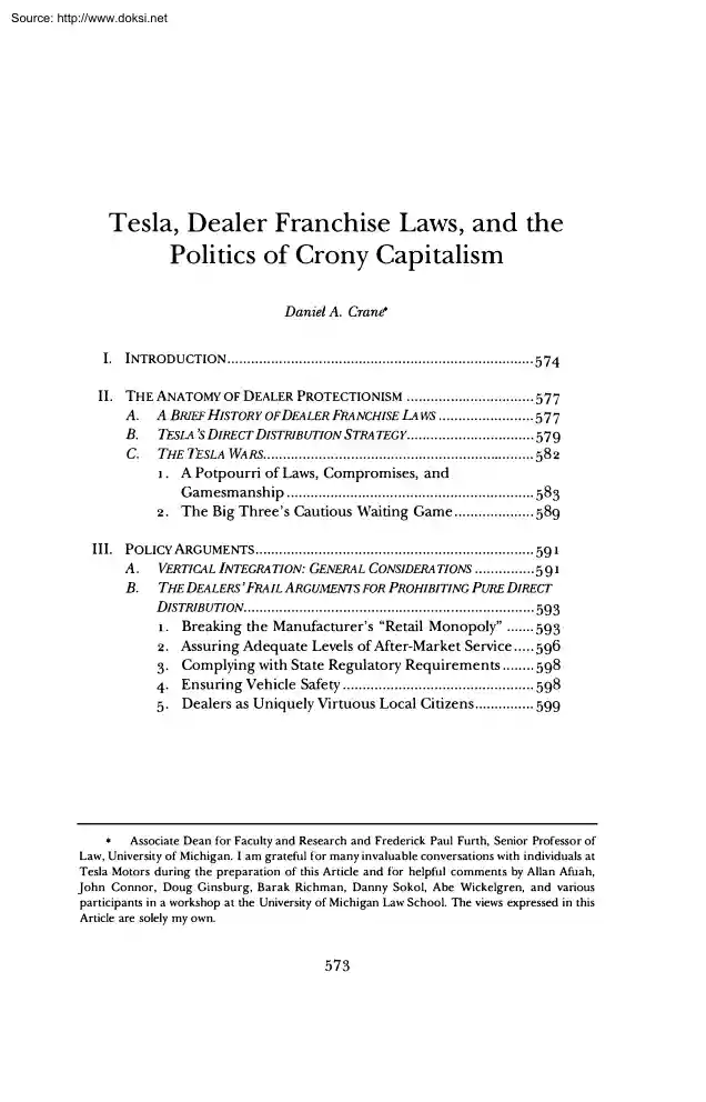 Daniel A. Crane - Tesla, Dealer Franchise Laws, and the Politics of Crony Capitalism