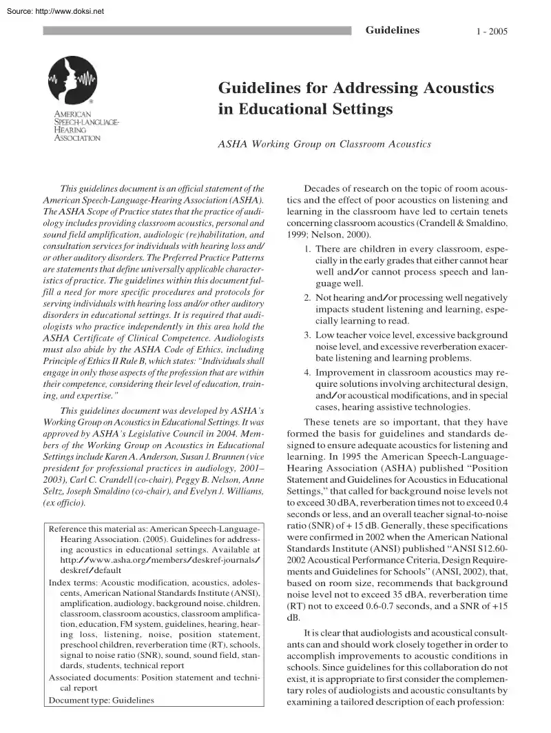 Guidelines for Addressing Acoustics in Educational Settings