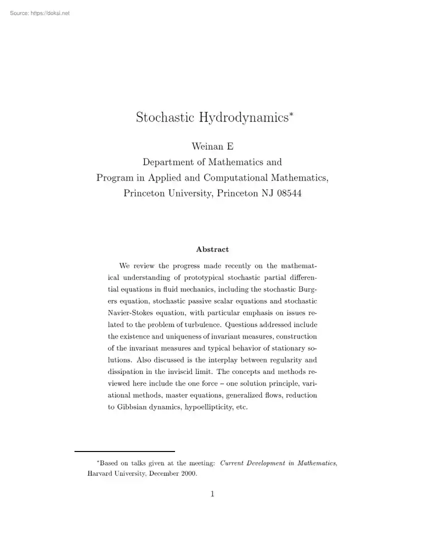 Weinan E. - Stochastic Hydrodynamics