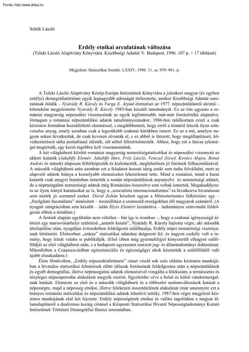 Sebők László - Erdély etnikai arculatának változása