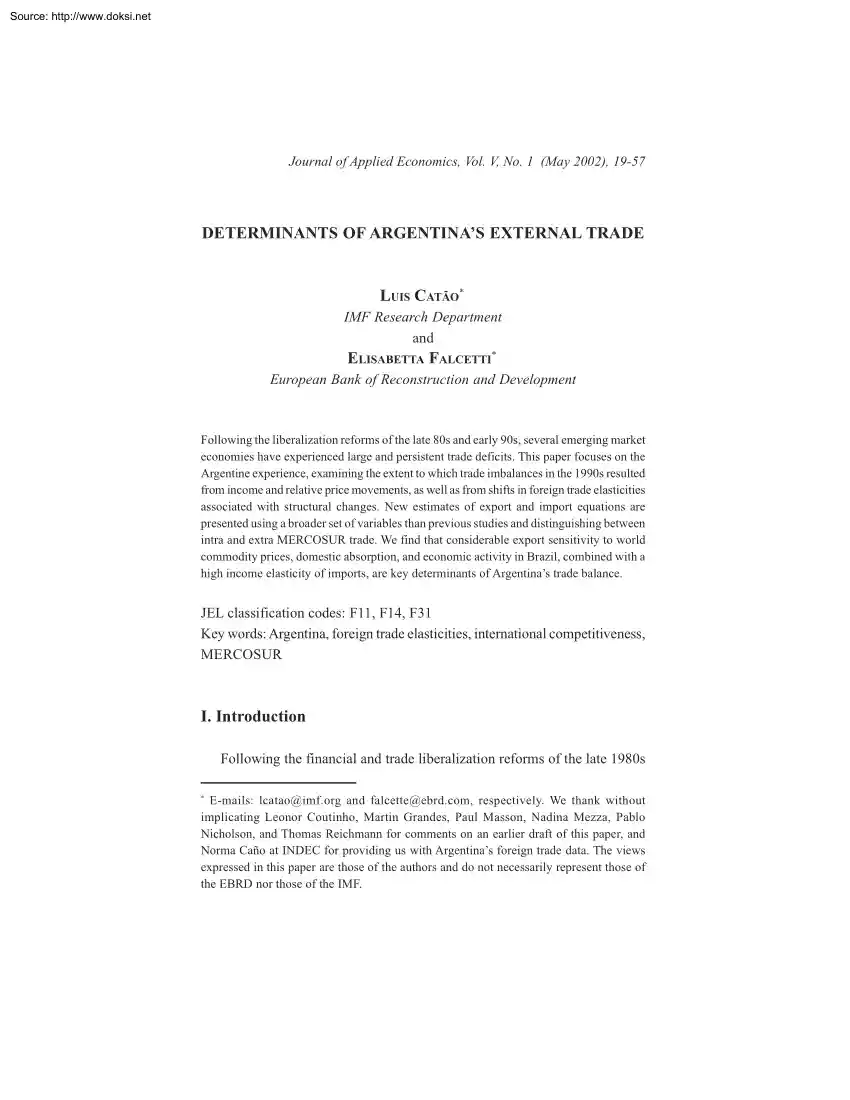 Catao-Falcetti - Determinants of Argentinas External Trade
