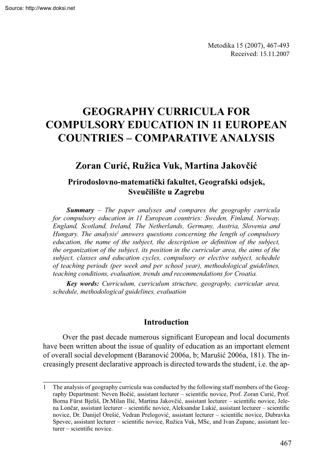 Curic-Vuk-Jakovcic - Geography Curricula for Compulsory Education in 11 European Countries, Comparative Analysis