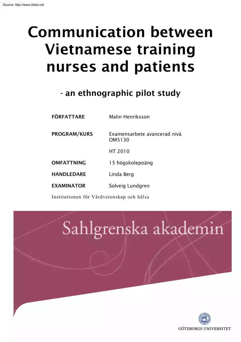 Communication between Vietnamese Training Nurses and Patients, An Ethnographic Pilot Study