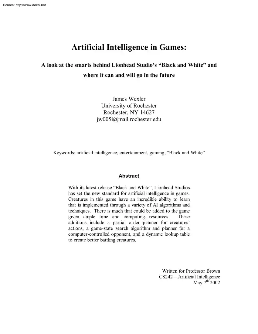 James Wexler - Artificial Intelligence in Games