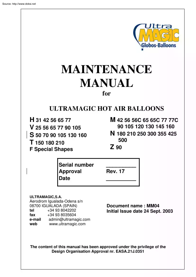 Maintenance Manual for Ultramagic Hot Air Balloons