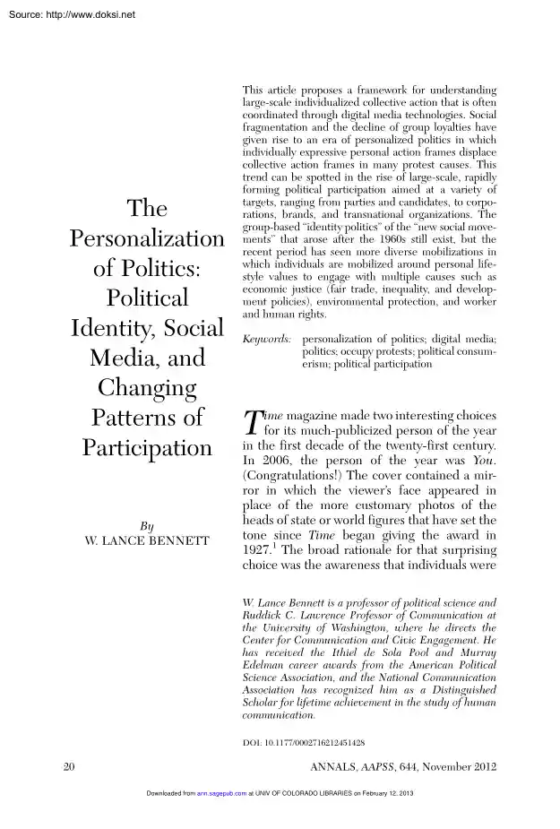W. Lance Bennett - The Personalization of Politics, Political Identity, Social Media, and Changing Patterns of Participation