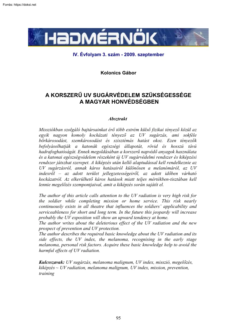 Kolonics Gábor - A korszerű UV sugárvédelem szükségessége a Magyar Honvédségben