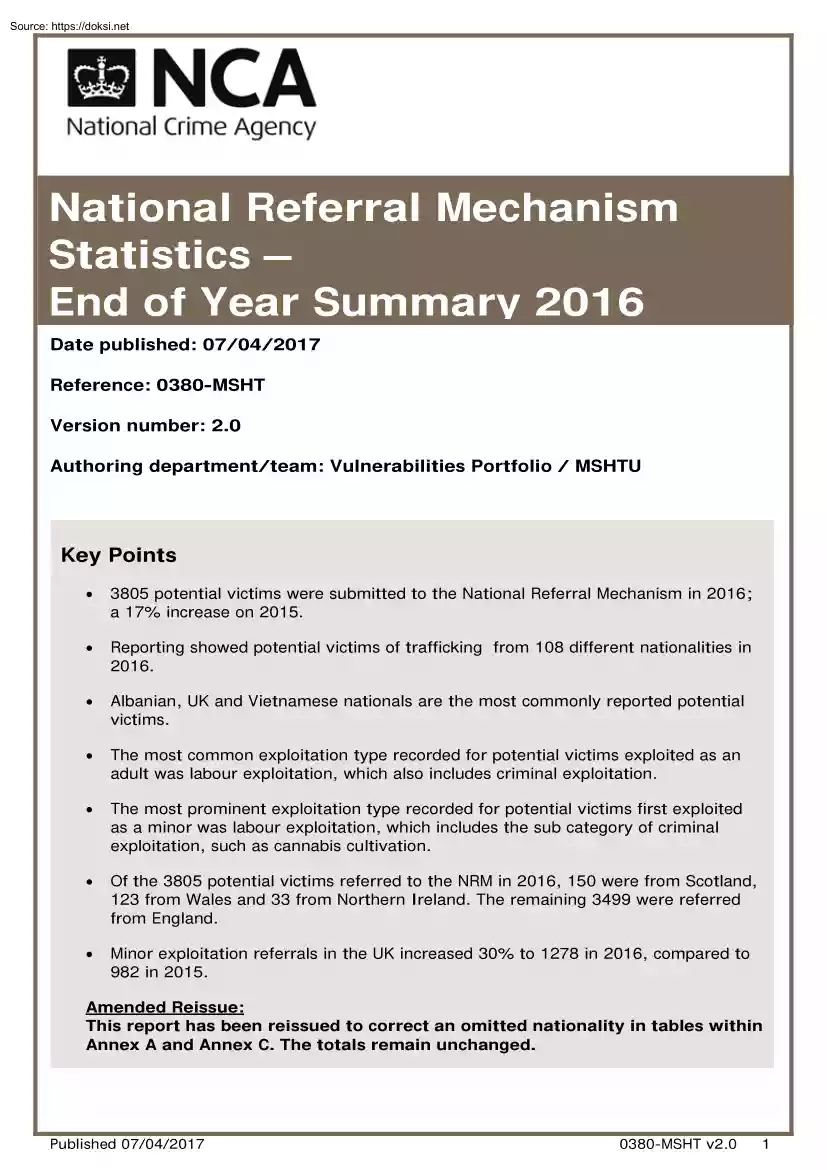 National Referral Mechanism Statistics, End of Year Summary