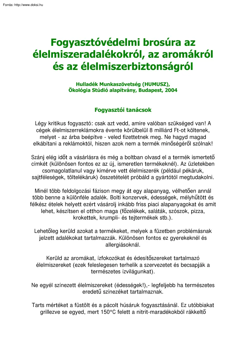 Fogyasztóvédelmi brosúra az élelmiszeradalékokról, az aromákról és az