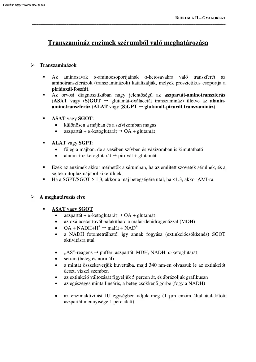 Transzamináz enzimek szérumból való meghatározása