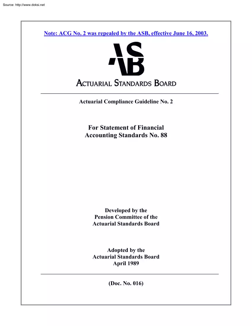Actuarial Compliance Guideline For Statement of Financial Accounting Standards No 88