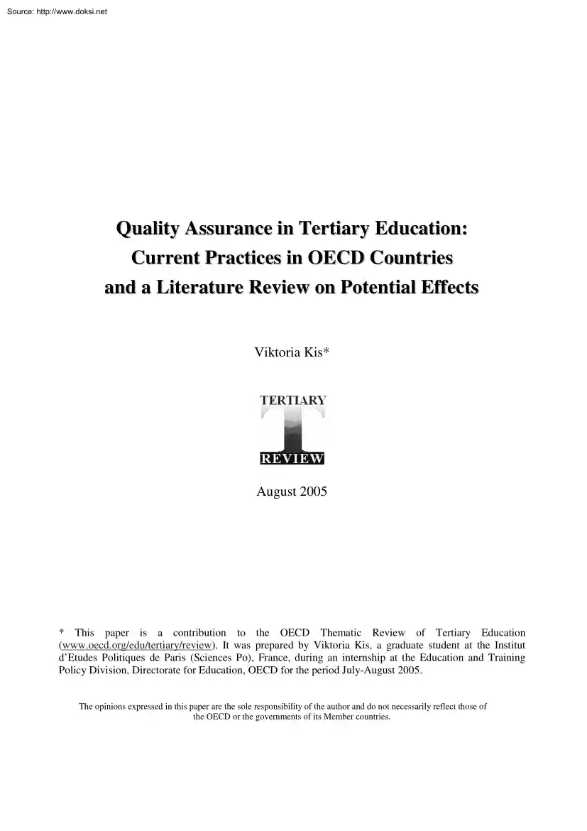 Viktoria Kis - Quality Assurance in Tertiary Education, Current Practices in OECD Countries and a Literature Review on Potential Effects