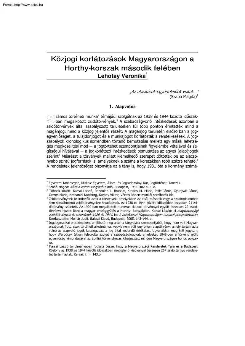 Lehotay Veronika - Közjogi korlátozások Magyarországon a Horthy-korszak második felében