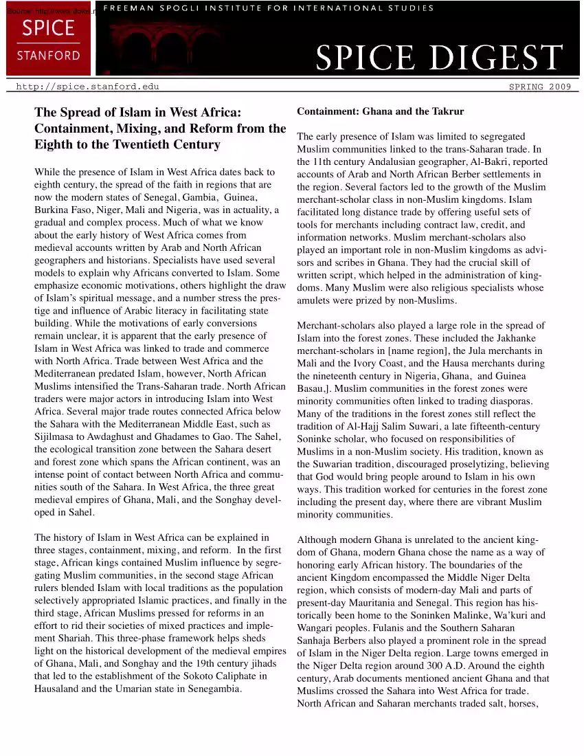 The Spread of Islam in West Africa, Containment, Mixing, and Reform from the Eighth to the Twentieth Century