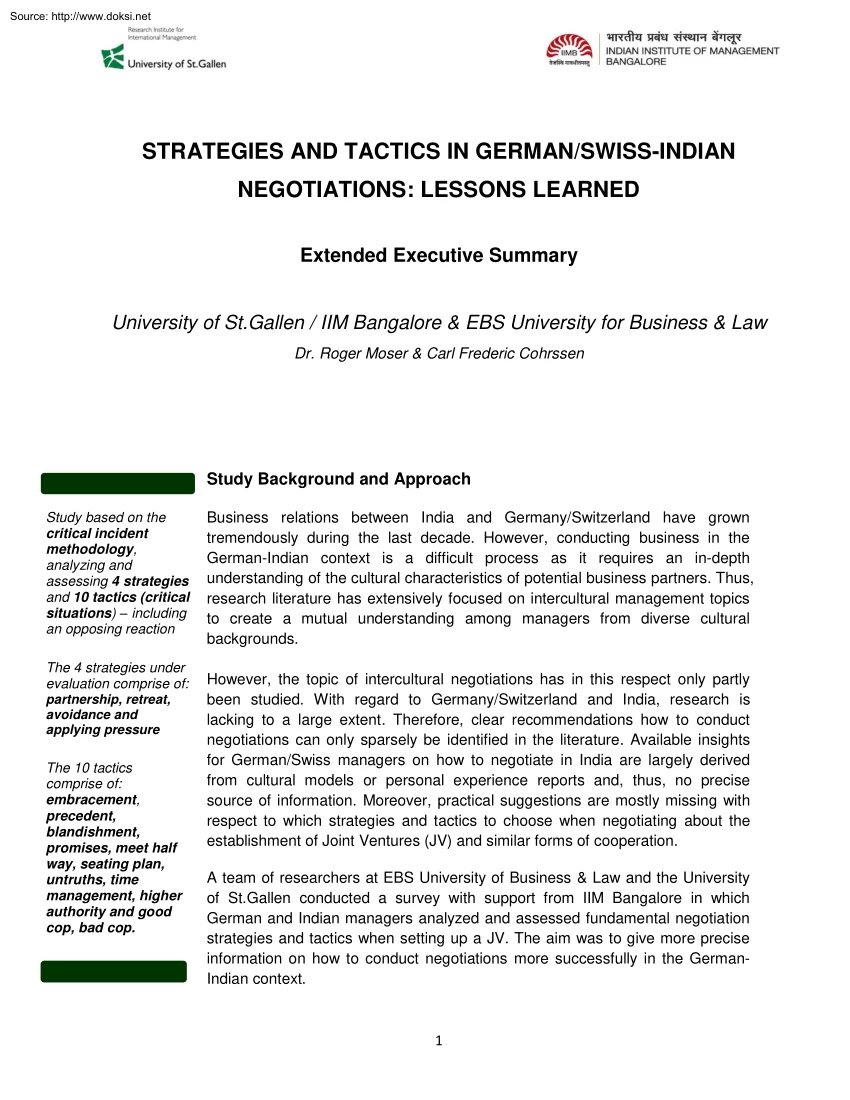 Moser-Cohrssen - Strategies and Tactics in German Swiss Indian Negotiations, Lessons Learned
