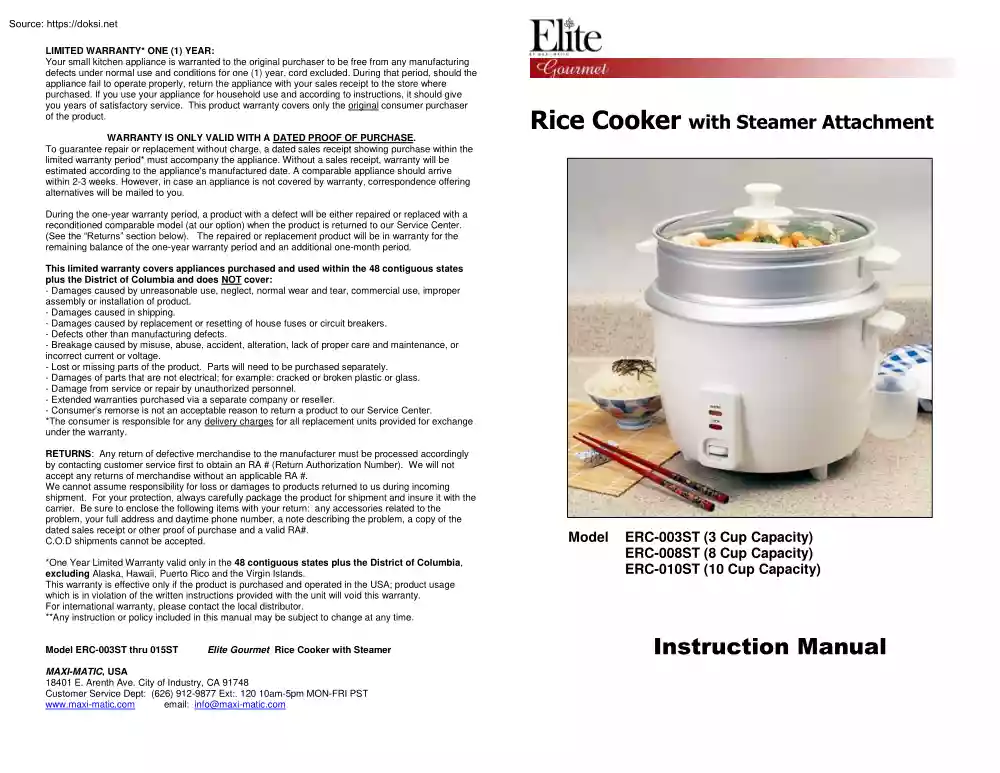 Rice Cooker with Steamer Attachment, Instruction Manual
