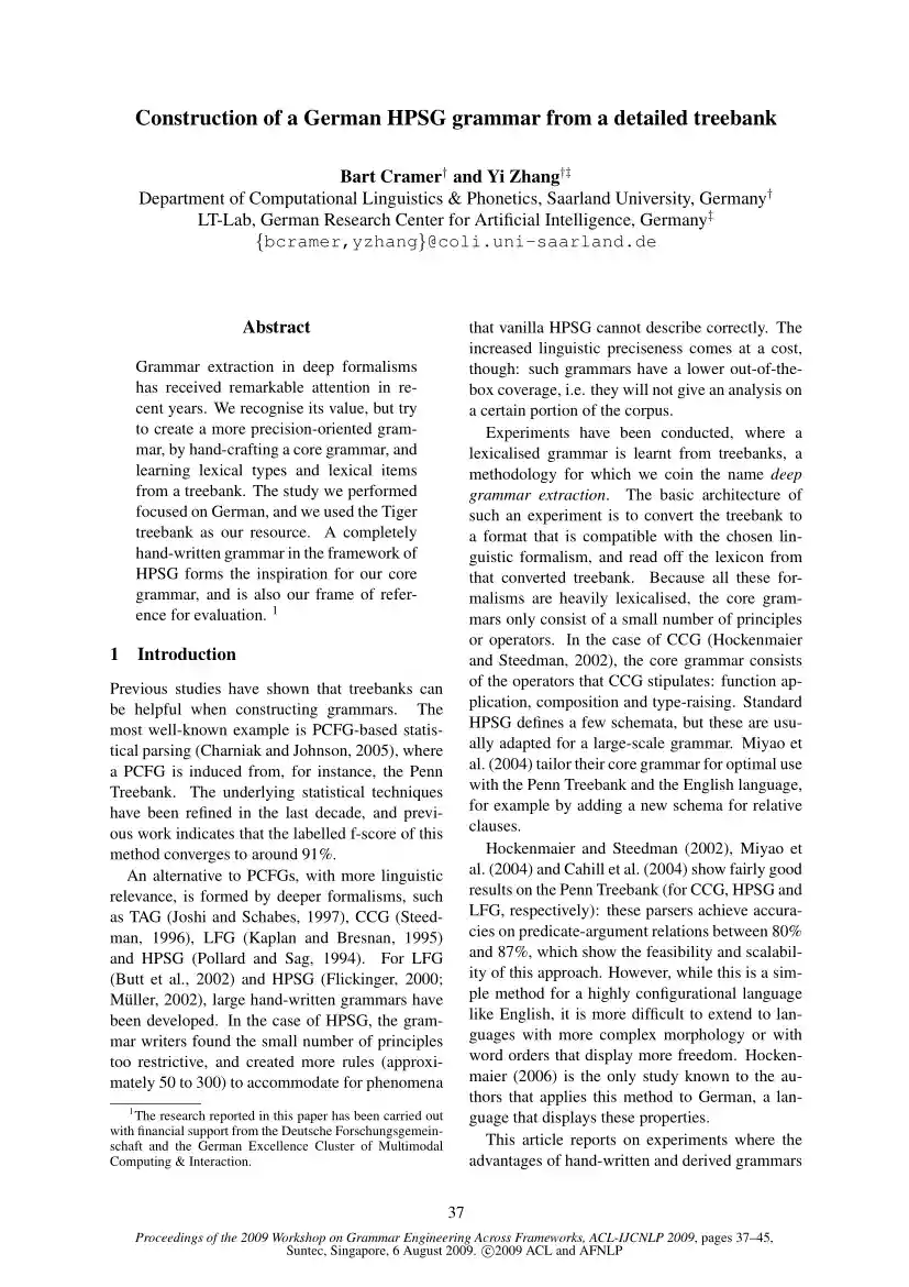 Cramer-Zhang - Construction of a German HPSG Grammar from a Detailed Treebank