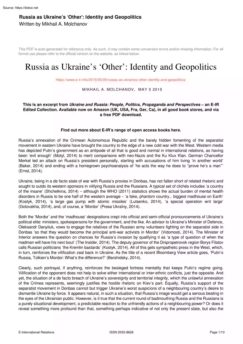 Mikhail A. Molchanov - Russia as Ukraines Other, Identity and Geopolitics