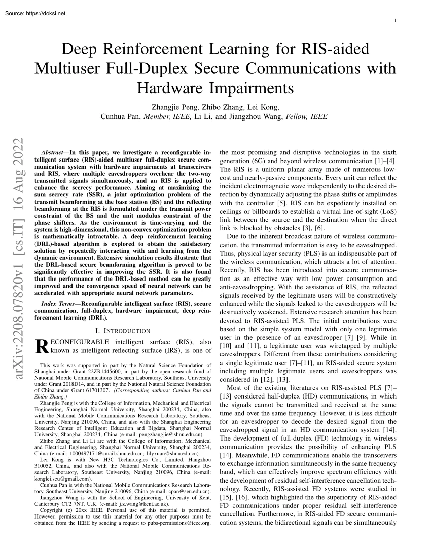 Peng-Zhang-Kong - Deep Reinforcement Learning for RIS-aided Multiuser Full-Duplex Secure Communications with Hardware Impairments