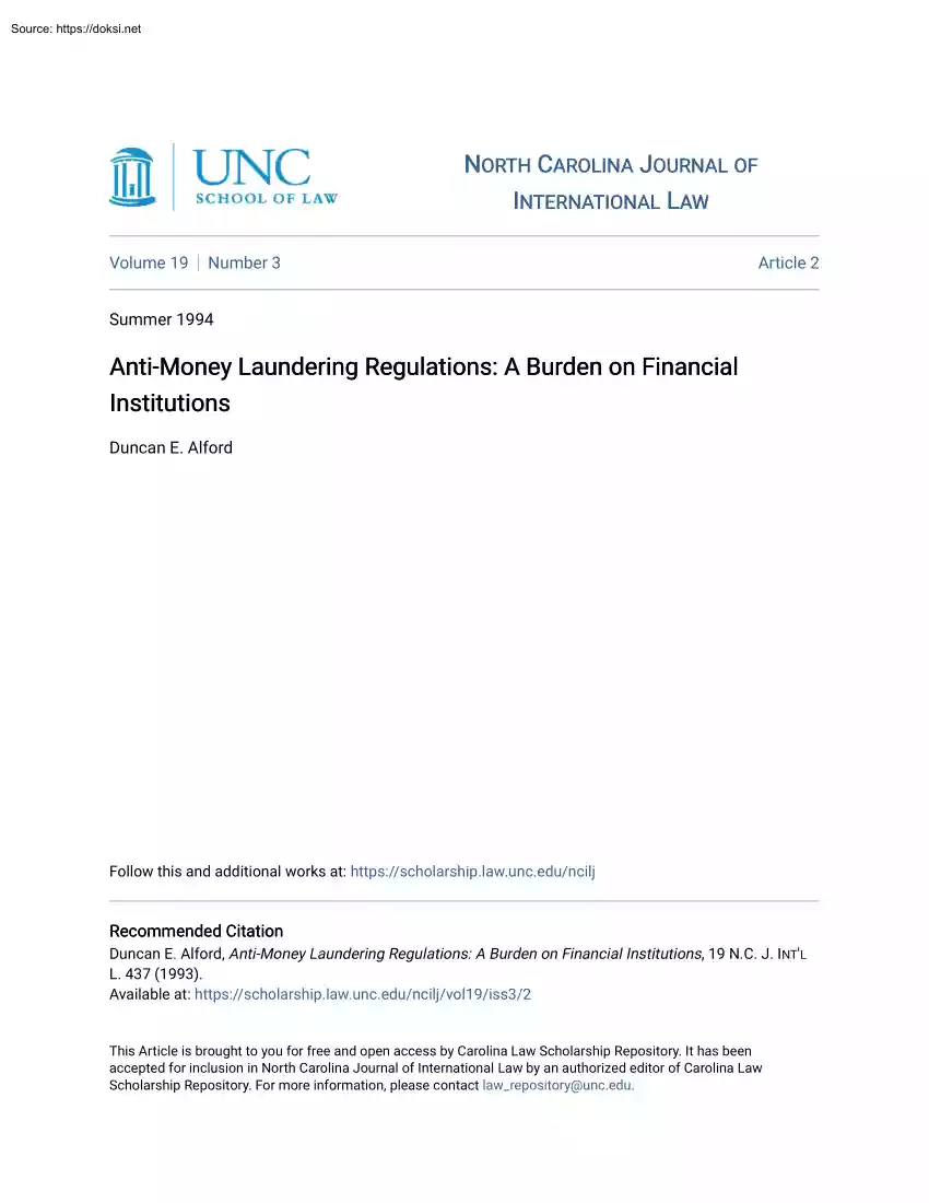 Duncan E. Alford - Anti-Money Laundering Regulations, A Burden on Financial Institutions