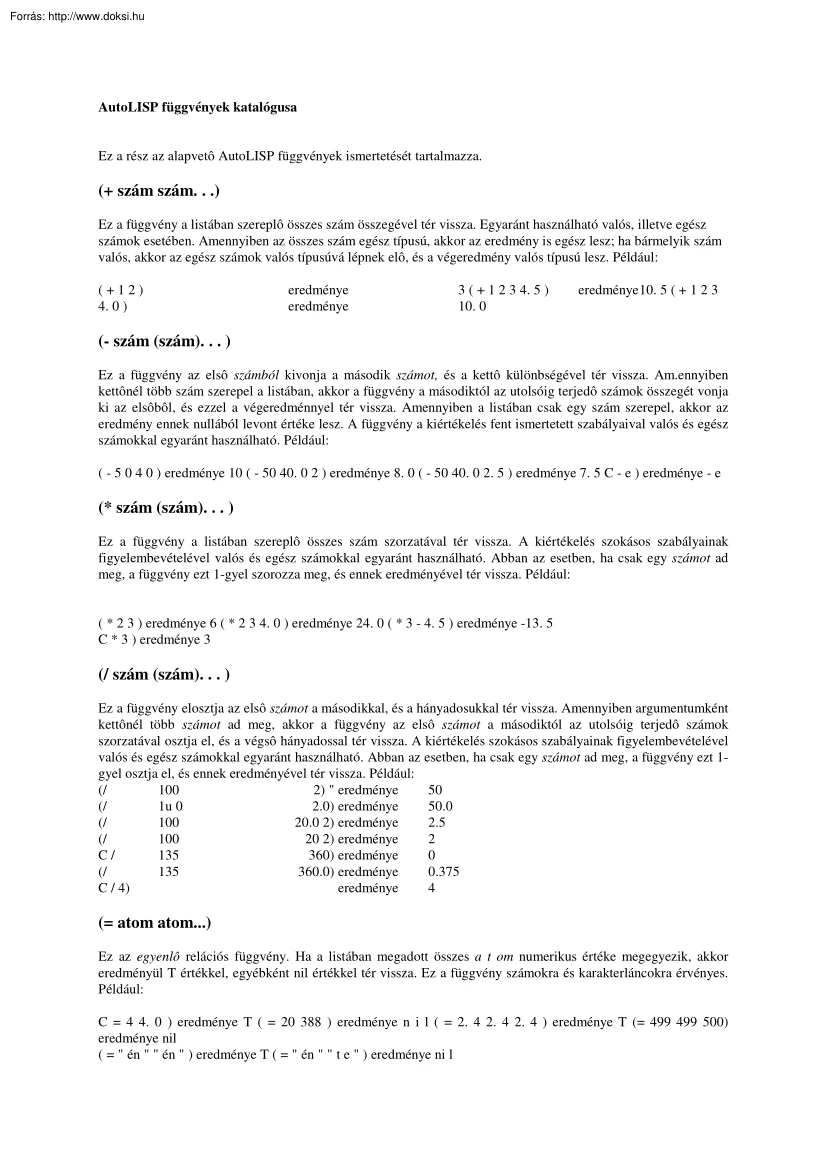 AutoLISP függvények katalógusa