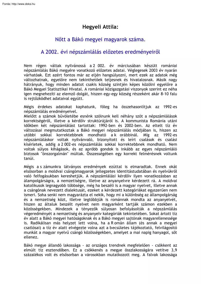 Hegyeli Attila - A 2002. évi népszámlálás Bákó megyei eredményeiről