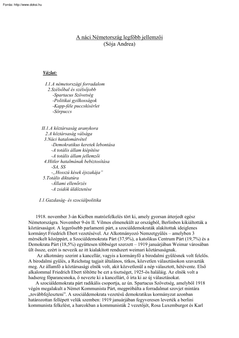 Sója Andrea - A náci Németország legfőbb jellemzői