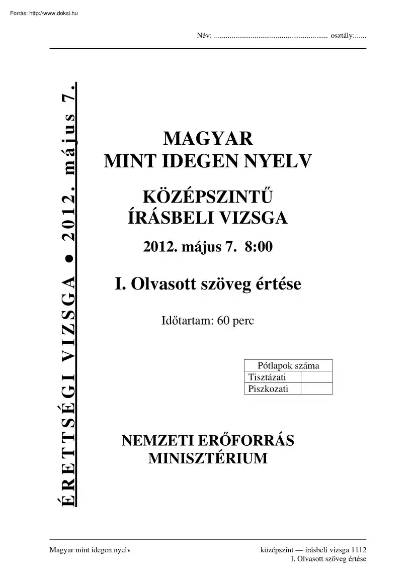 Magyar mint idegen nyelv középszintű írásbeli érettségi vizsga megoldással, 2012