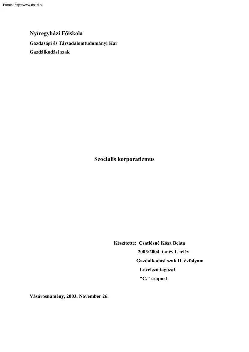 Csatlósné Kósa Beáta - Szociális korporatizmus
