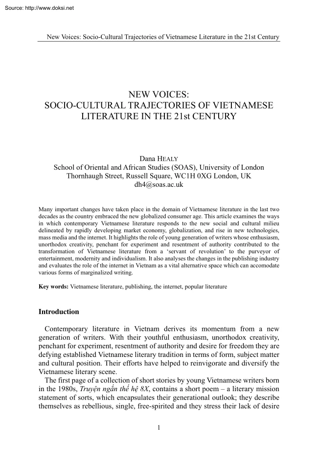 Dana Healy - New Voices, Socio-Cultural Trajectories of Vietnamese Literature in the 21st Century