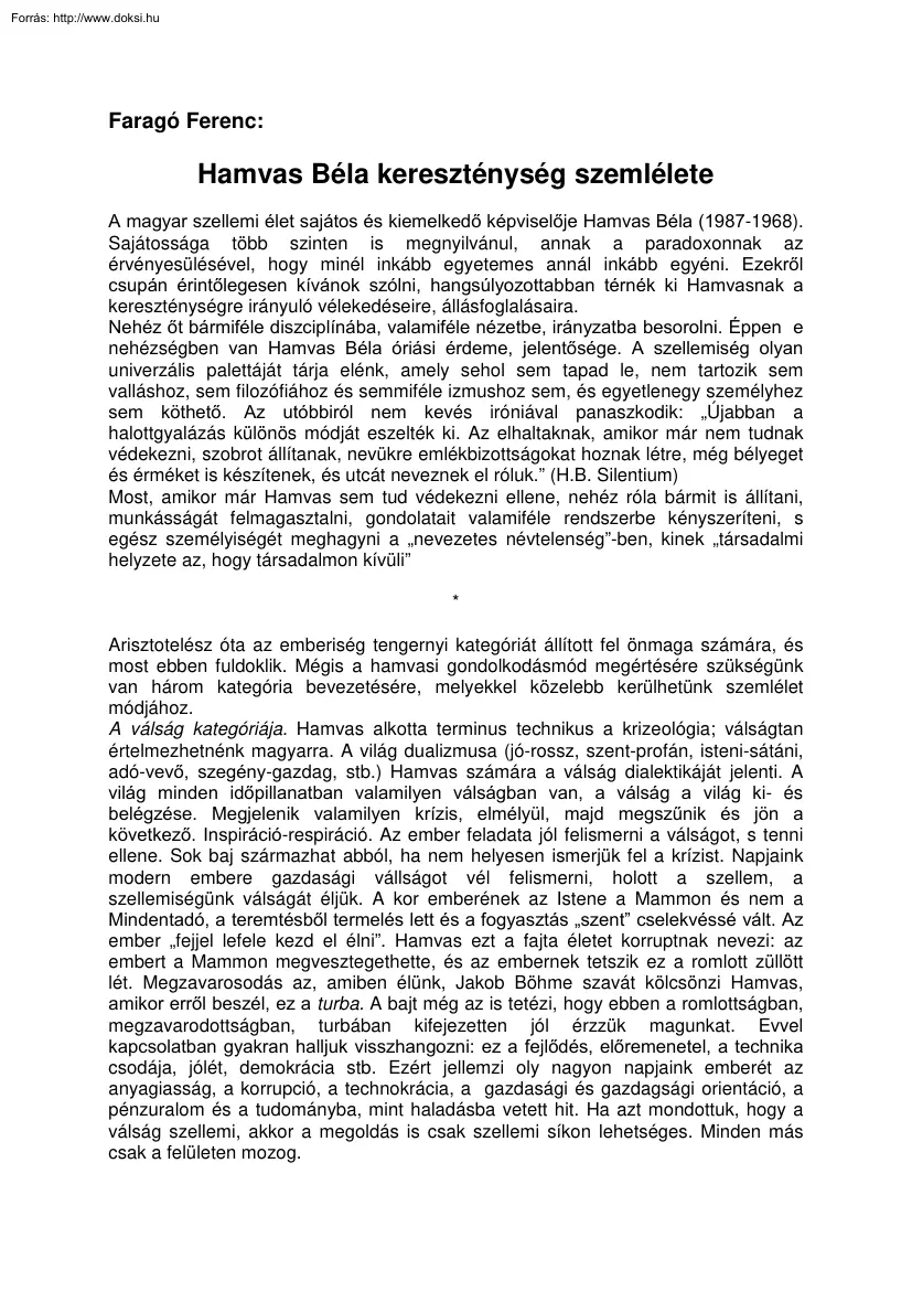 Faragó Ferenc - Hamvas Béla kereszténység szemlélete