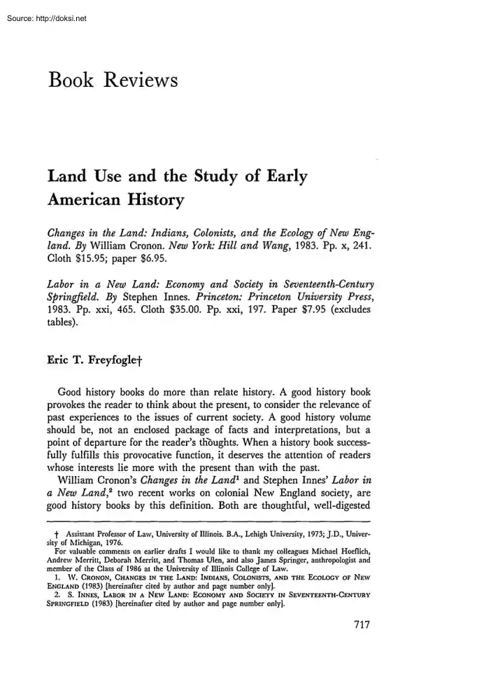 Eric T. Freyfogle - Land Use and the Study of Early American History