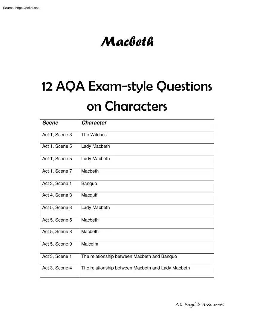 Macbeth, 12 AQA Exam-style Questions on Characters