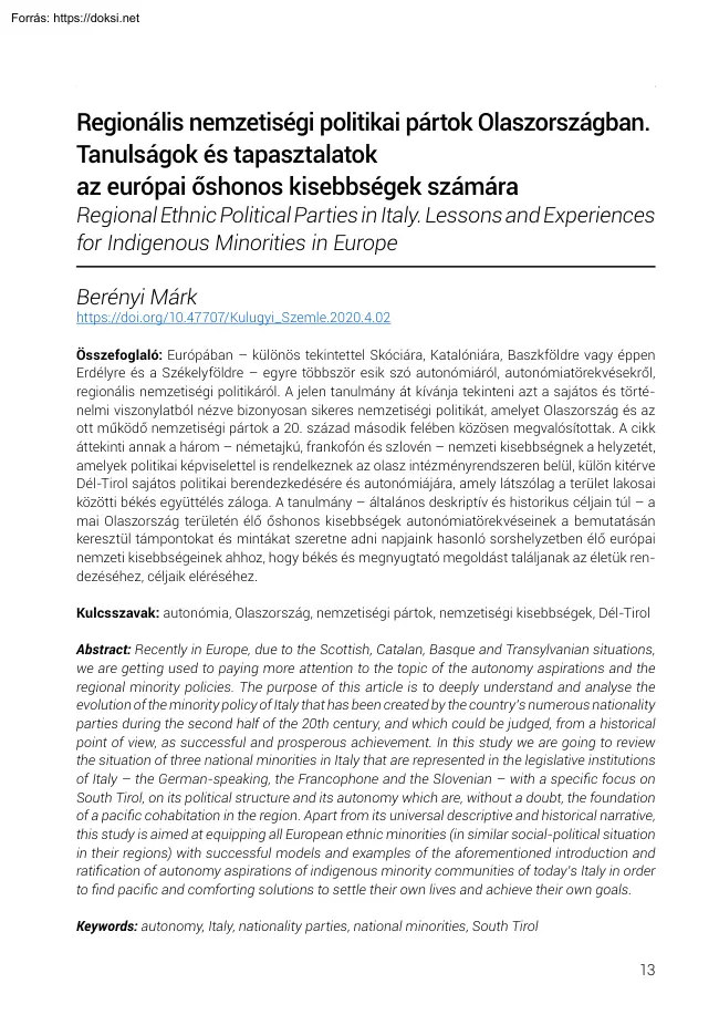 Berényi Márk - Regionális nemzetiségi politikai pártok Olaszországban. Tanulságok és tapasztalatok az aurópai őshonos kisebbségek számára