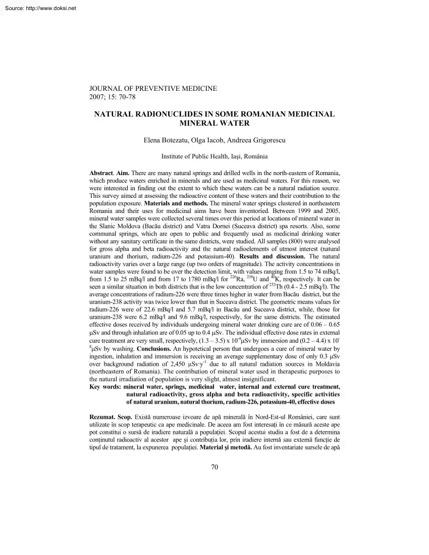 Botezatu-Iacob-Grigorescu - Natural Radionuclides in some Romanian Medicinal Mineral Water