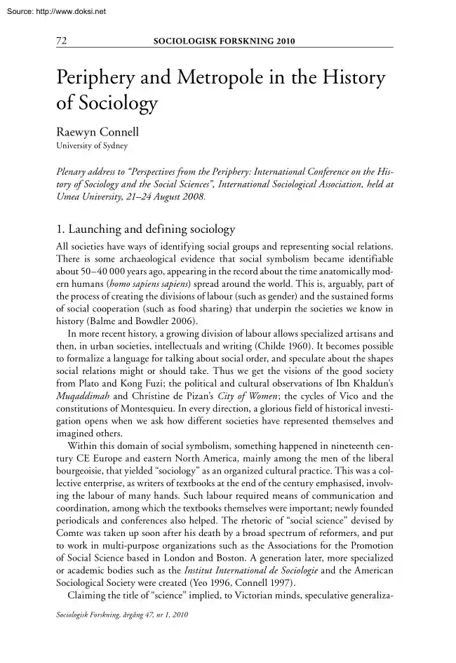Raewyn Connell - Periphery and Metropole in the History of Sociology