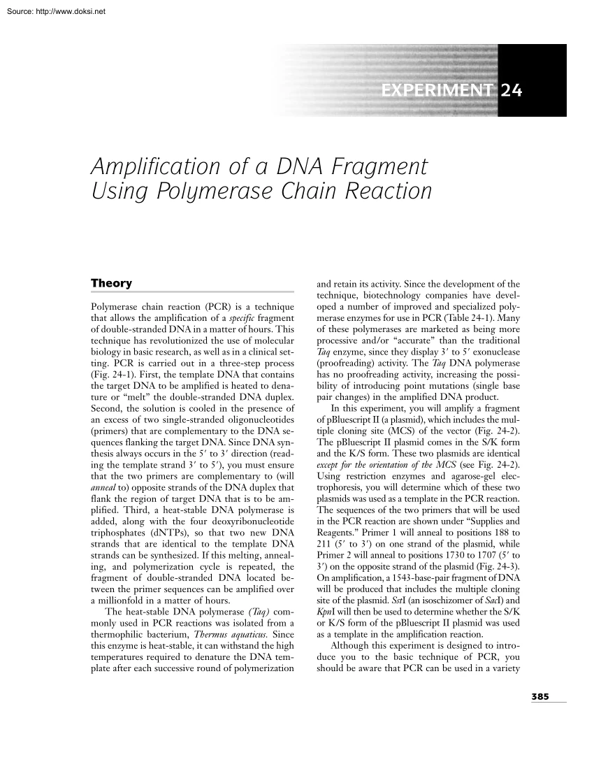 Amplification of a DNA Fragment Using Polymerase Chain Reaction