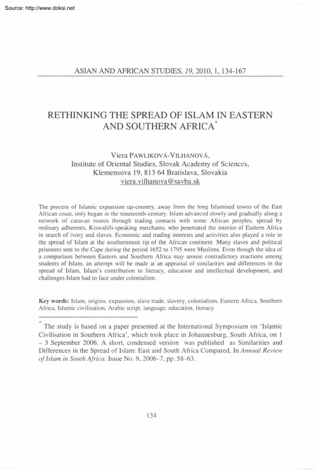 Viera Pawliková-Vilhanová - Rethinking the Spread of Islam in Eastern and Southern Africa