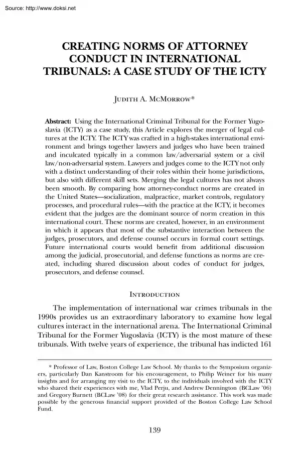 Judith A. McMorrow - Creating Norms of Attorney Conduct in International Tribunals, A Case Study of the Icty