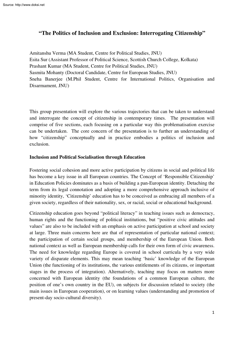 Verma-Sur-Kumar - The Politics of Inclusion and Exclusion, Interrogating Citizenship