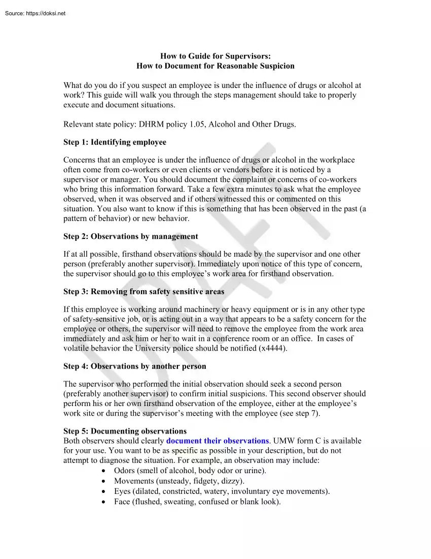 How to Guide for Supervisors, How to Document for Reasonable Suspicion