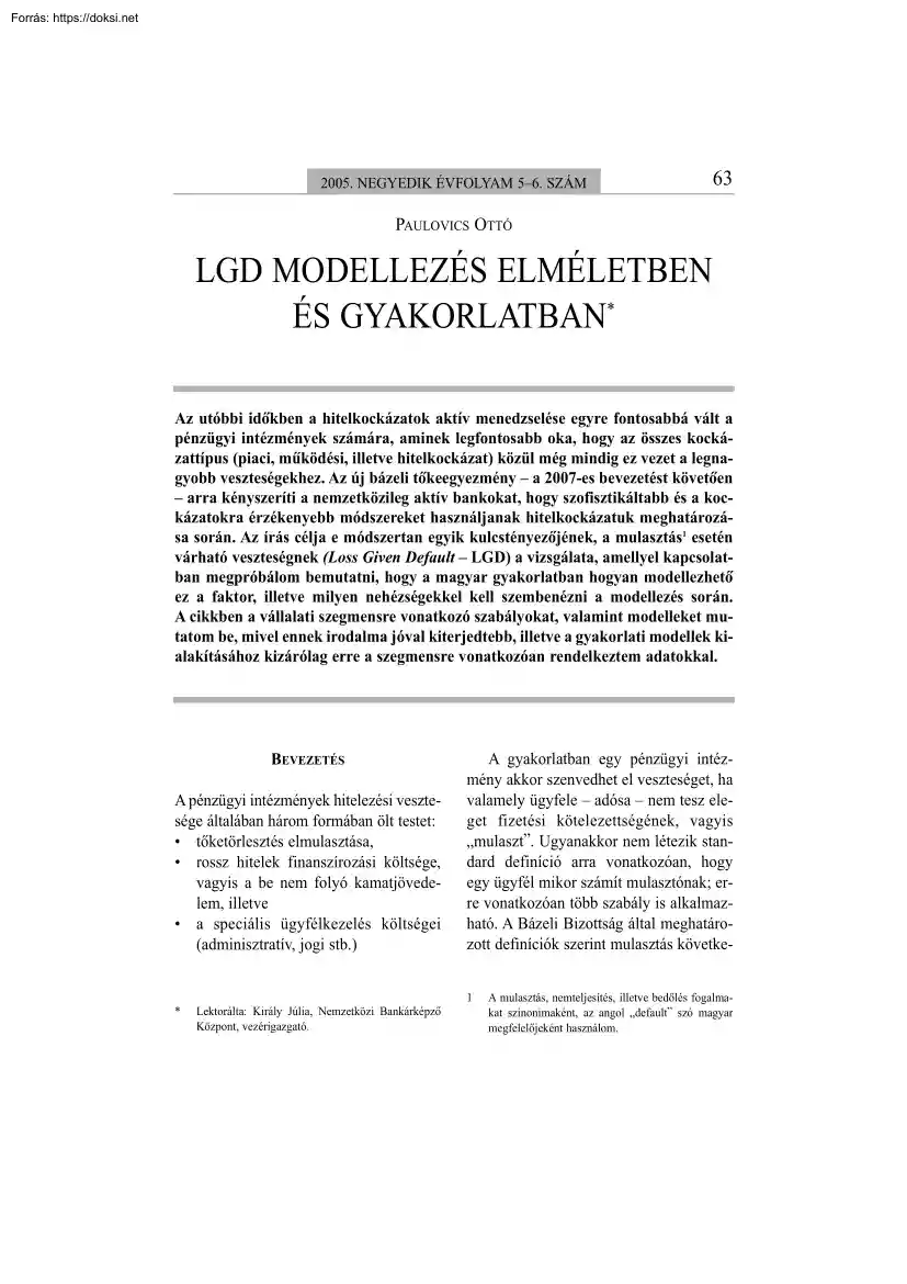 Paulovics Ottó - LGD modellezés elméletben és gyakorlatban